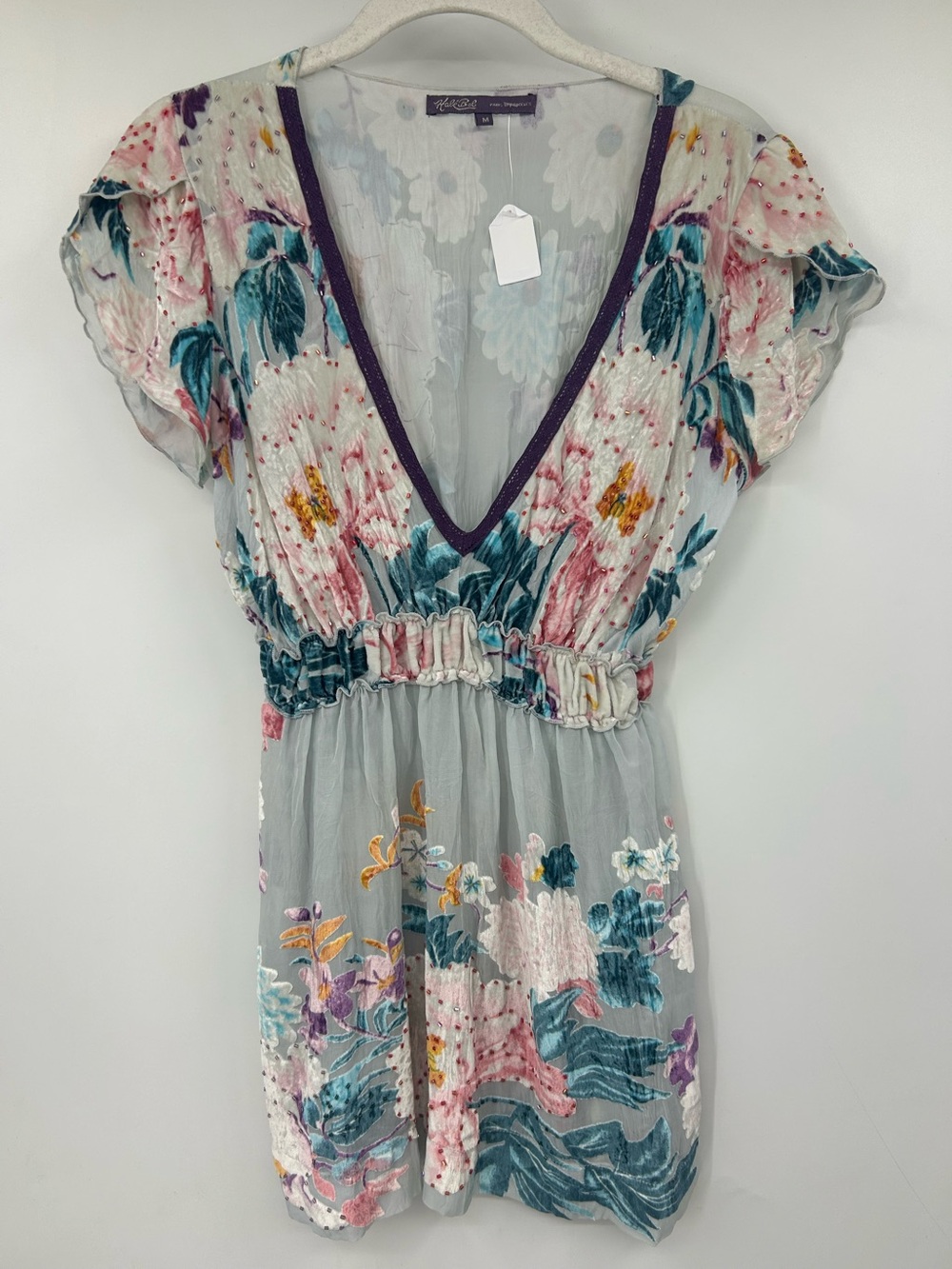 Hale Bob Silk Beaded Blouse Velvet Waist Deep V Neck Floral Multicolor Size M